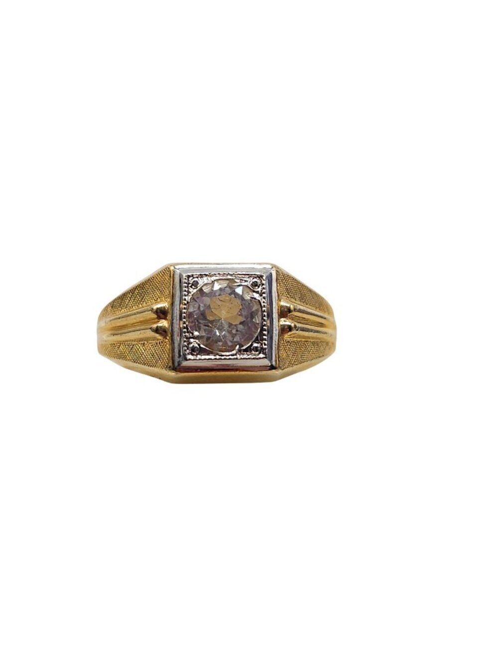Vintage Karatclad Mens Ring With Clear Stone 18K HGE Marked Size 9.75 Textured